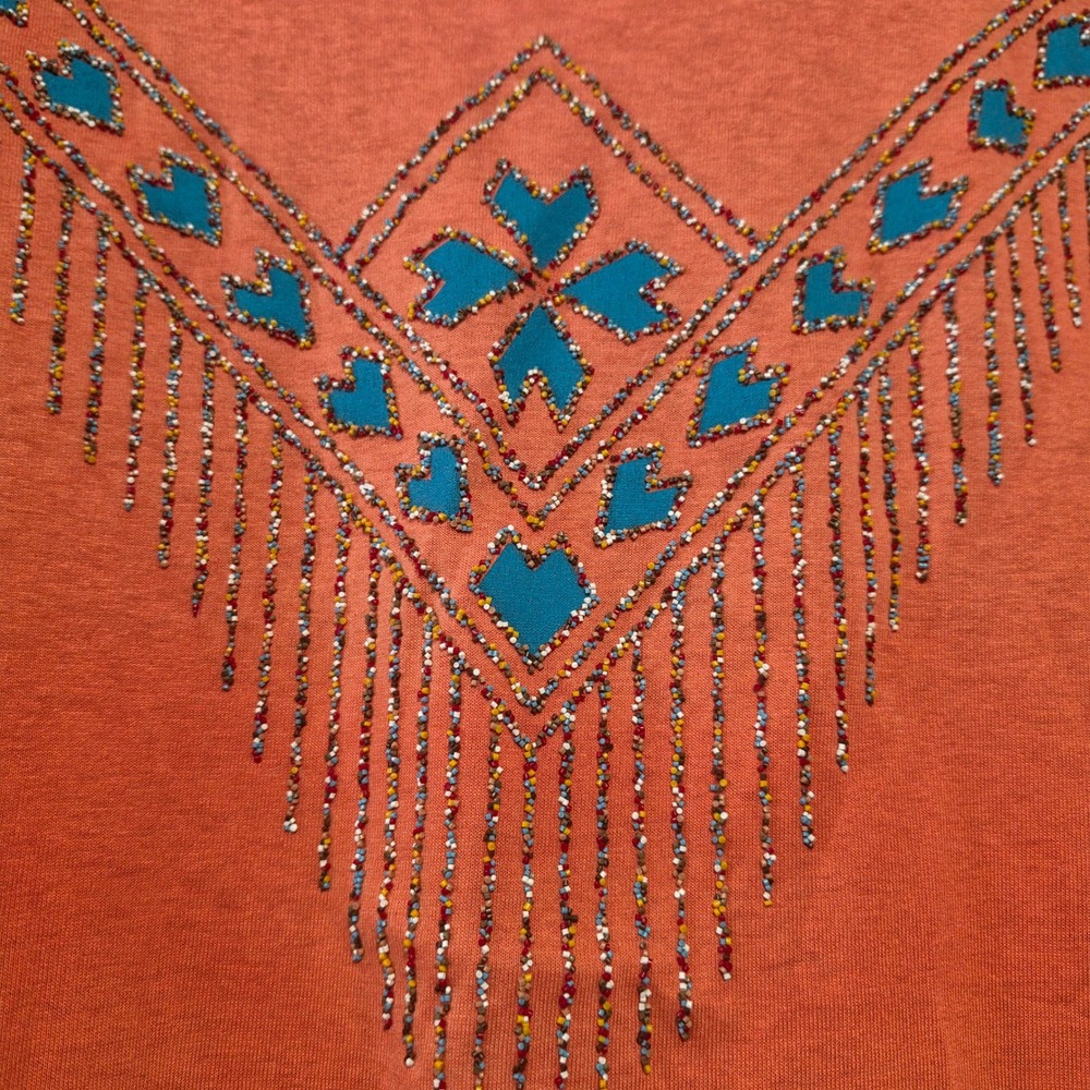 Vintage Blair Coral Orange Southwestern Beaded Fringe T-Shirt Top Women's Boho L - Picture 2 of 5